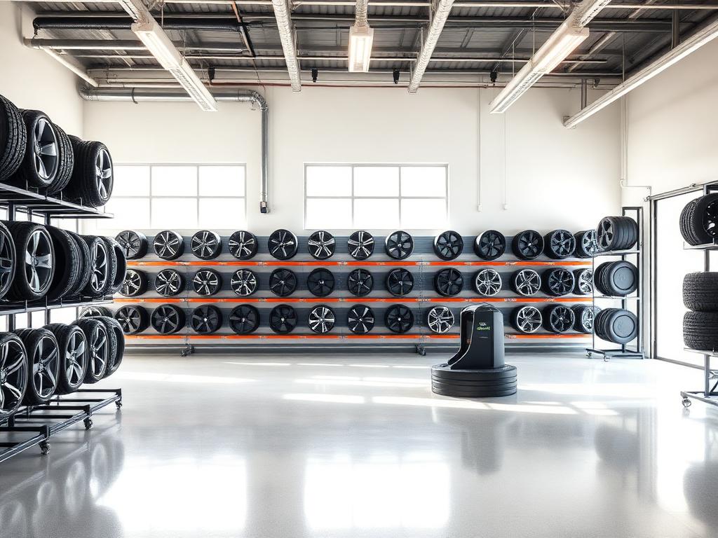 Clean tire and wheel shop interior with wheel display racks and balancing equipment