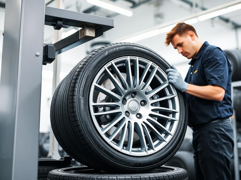 Technician mounting a performance wheel and tire in a bright service bay